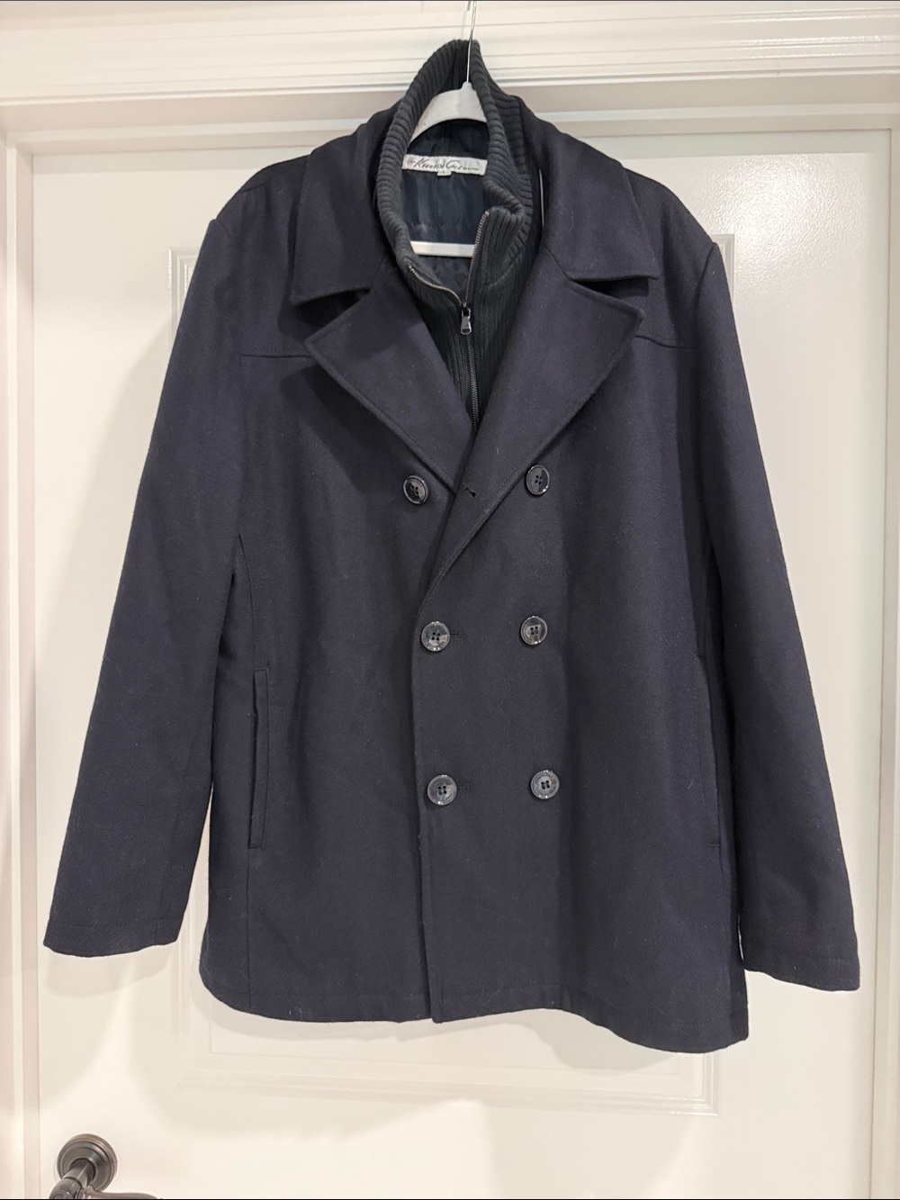 Kenneth Cole New York Dark Navy Double-Breasted Pea Coat with Zip Collar